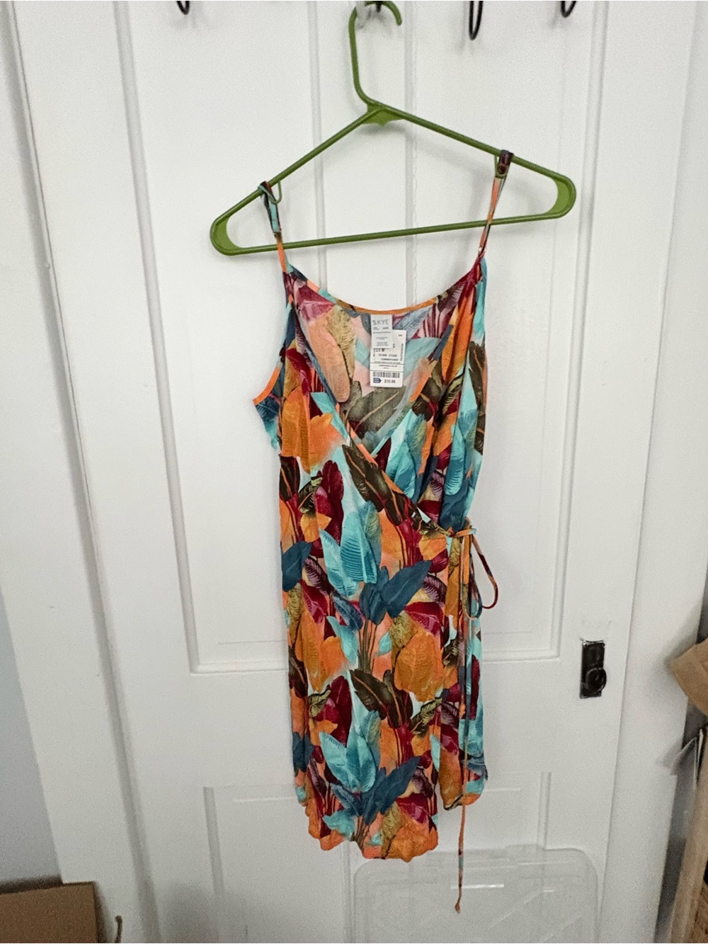 Skye Tropical Leaf Wrap Mini Dress in Orange, Teal, Burgundy